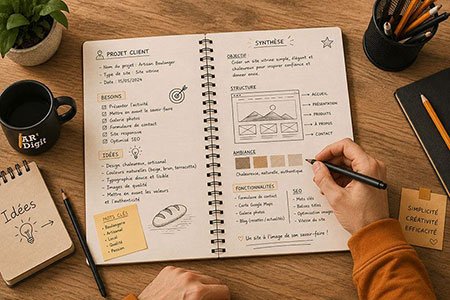 Pascal à son bureau, il conçoit une maquette wireframe à présenter bientôt au client.