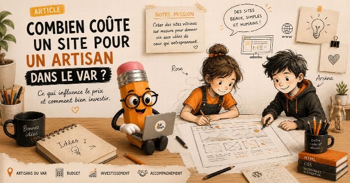 Illustration de couverture : la mascotte crayon d'AR'Digit et deux personnes penchées sur le croquis d'un site web, entourées de notes sur le budget et l'investissement d'un artisan du Var.