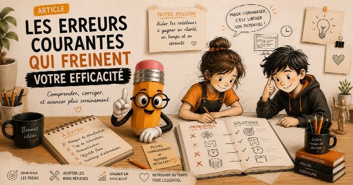 Illustration de couverture : la mascotte crayon d'AR'Digit et deux personnes passent en revue, dans un carnet, les erreurs à éviter et les solutions pour gagner en efficacité.