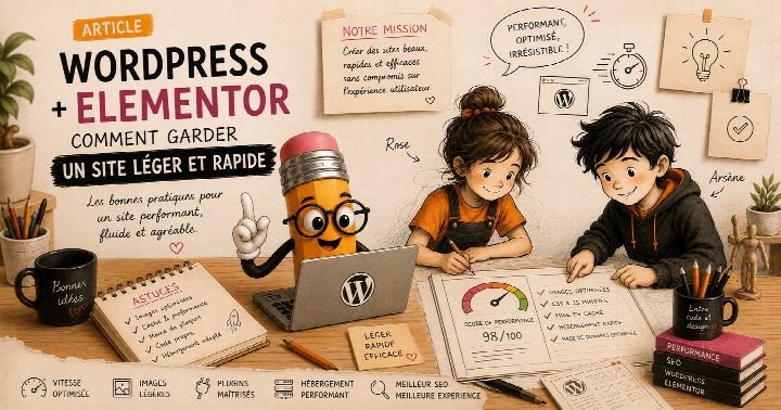 Illustration de couverture : la mascotte crayon d'AR'Digit devant un ordinateur portable affichant le logo WordPress, entourée de notes sur les astuces de performance et d'un compteur de score à 98 sur 100.
