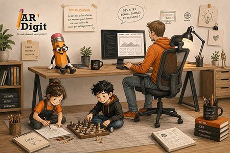 Pascal à son bureau, ses enfants Rose et Arsène dessinant à côté, l'avatar crayon AR'Digit assis sur la table