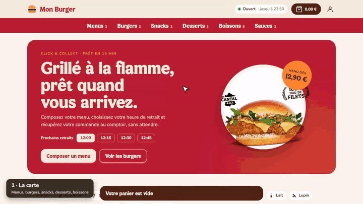 Capture de l'application Mon Burger : la page d'accueil du restaurant avec le menu à partir de 12,90 €, les créneaux de retrait et la carte par catégories.